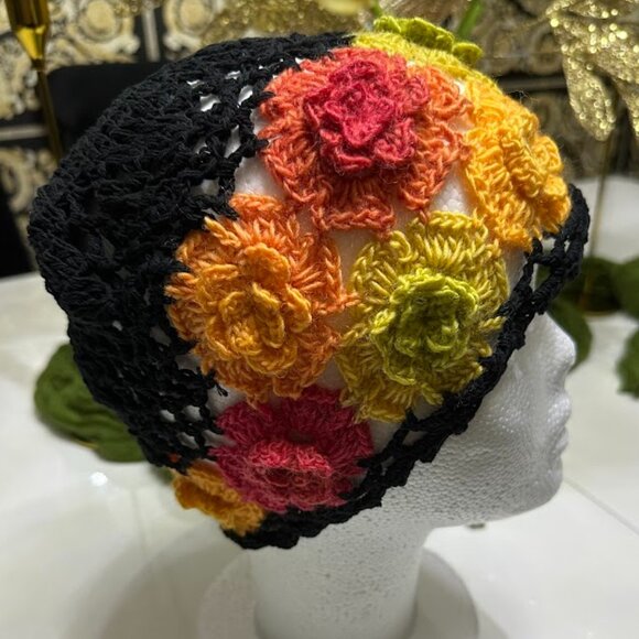Handmade Crochet Flower Beanie – Colorful Boho Knit Hat, Retro 70s Style - Picture 7 of 8